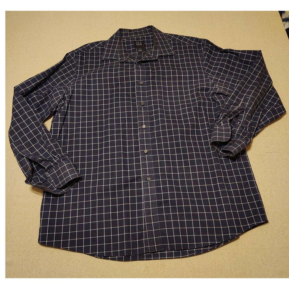 Jos A Bank Traveler Shirt Mens XL Tailored Fit Navy Windowpane Check Cotton I